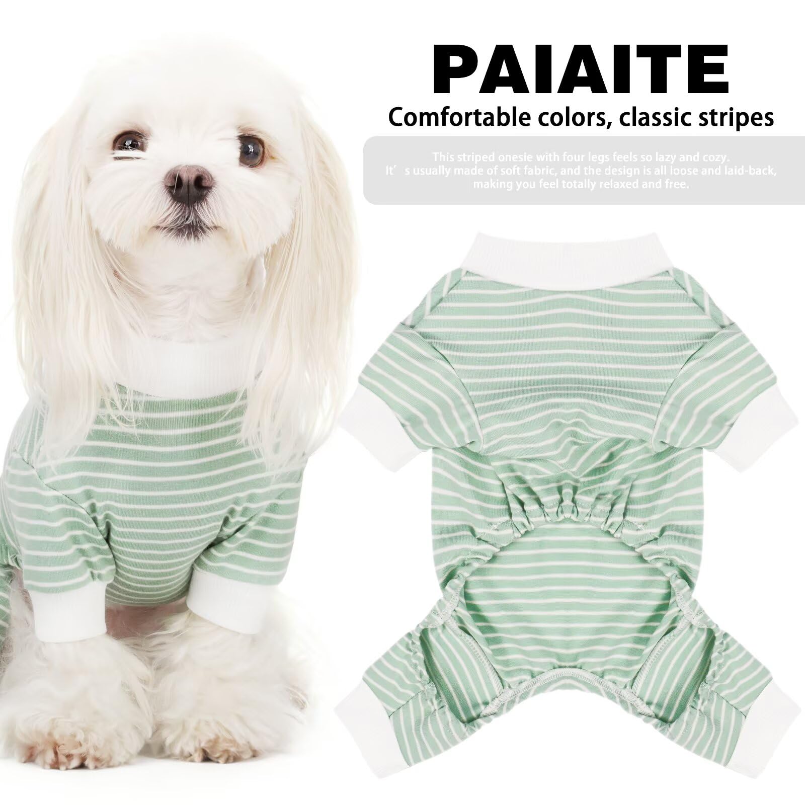 Paiaite green striped dog pajamas back view, snug fit for all sizes.