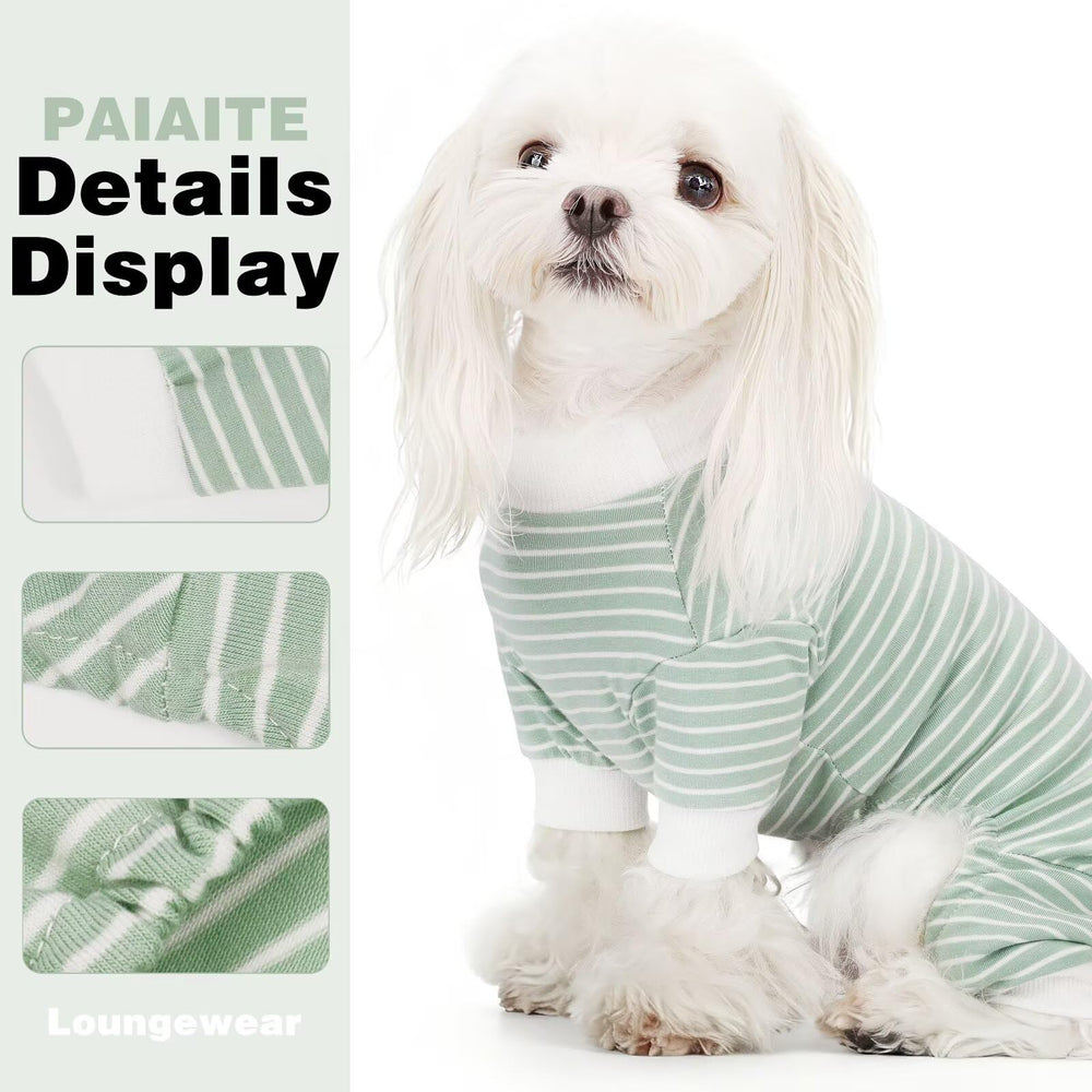 Paiaite green striped dog pajamas four-leg jumpsuit, shedding coverage during cozy nights.
