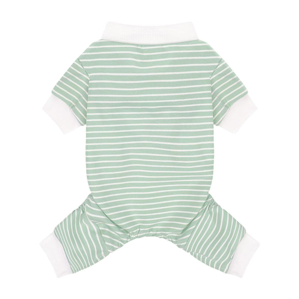 Paiaite green striped dog pajamas front view, cozy warmth for relaxed naps.