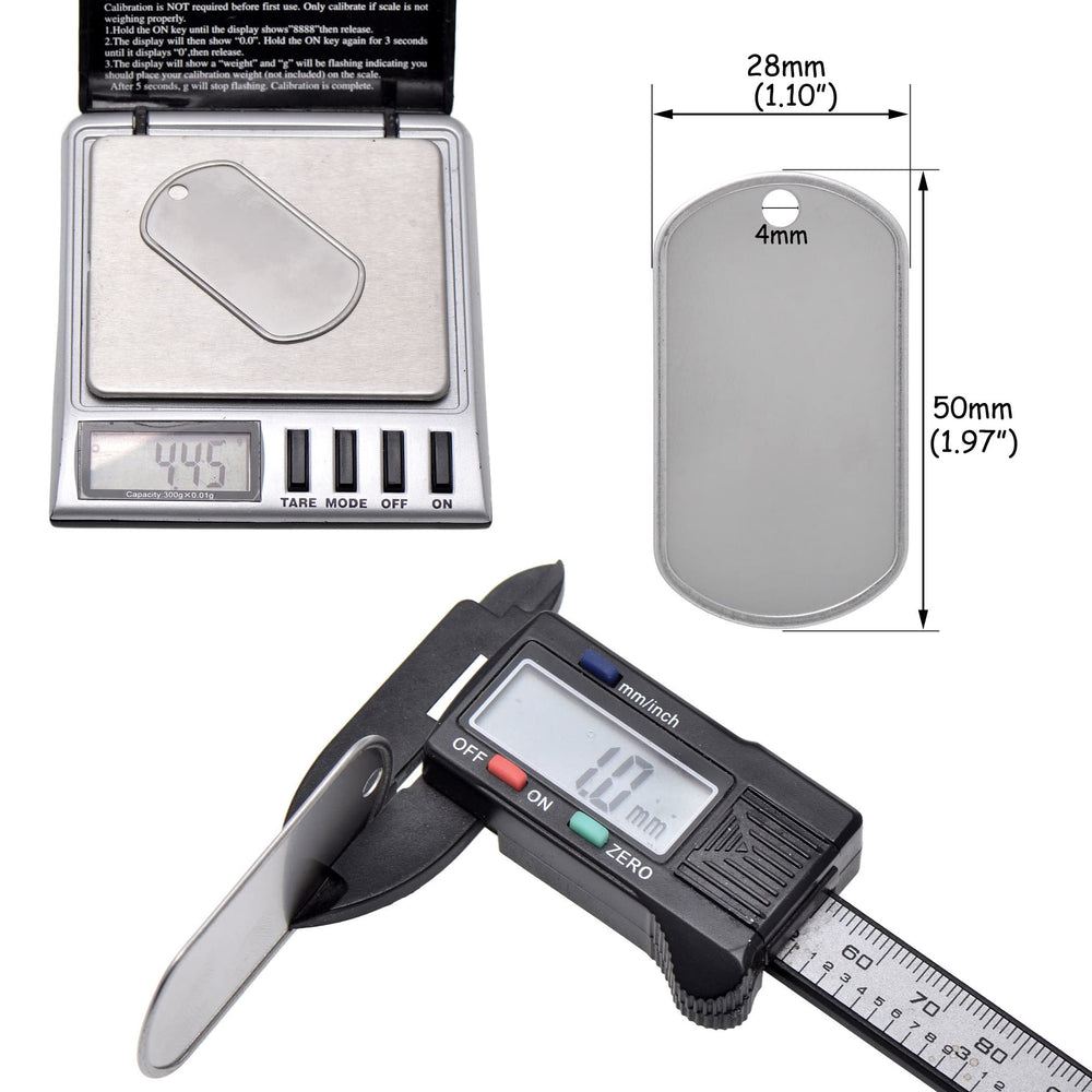 Paialco blank dog tags side view shows rolled edges for authentic military style.