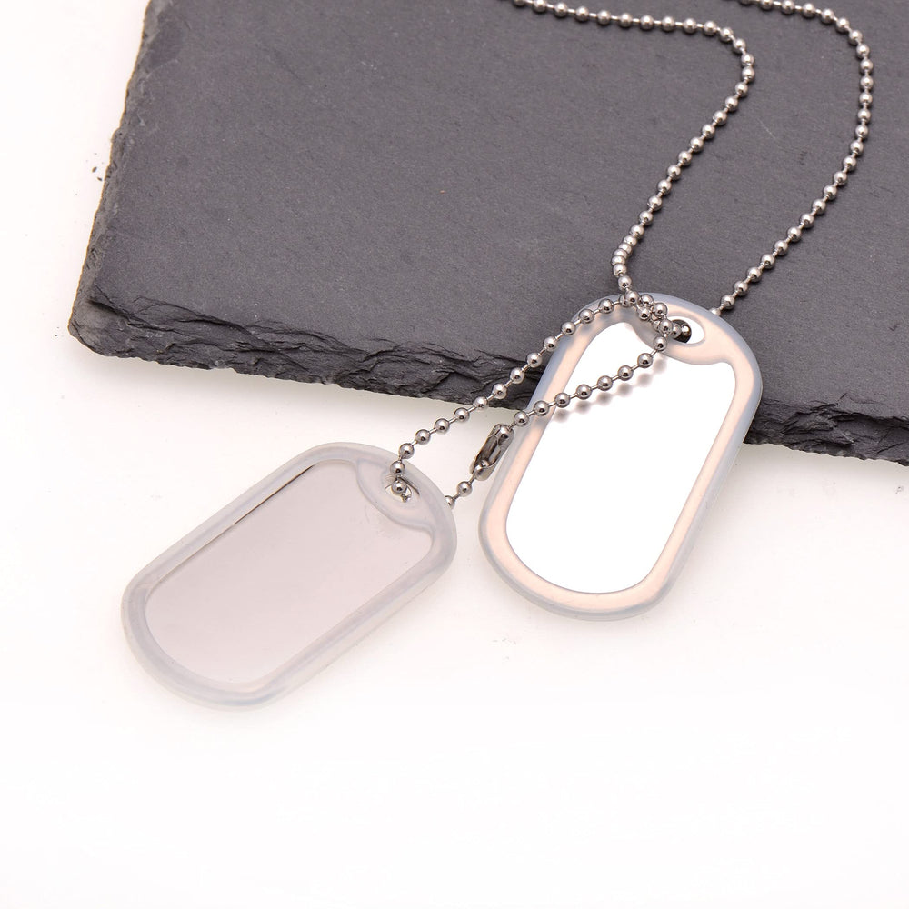 Paialco stainless steel dog tags shown with blank engraving area for personalized lettering.