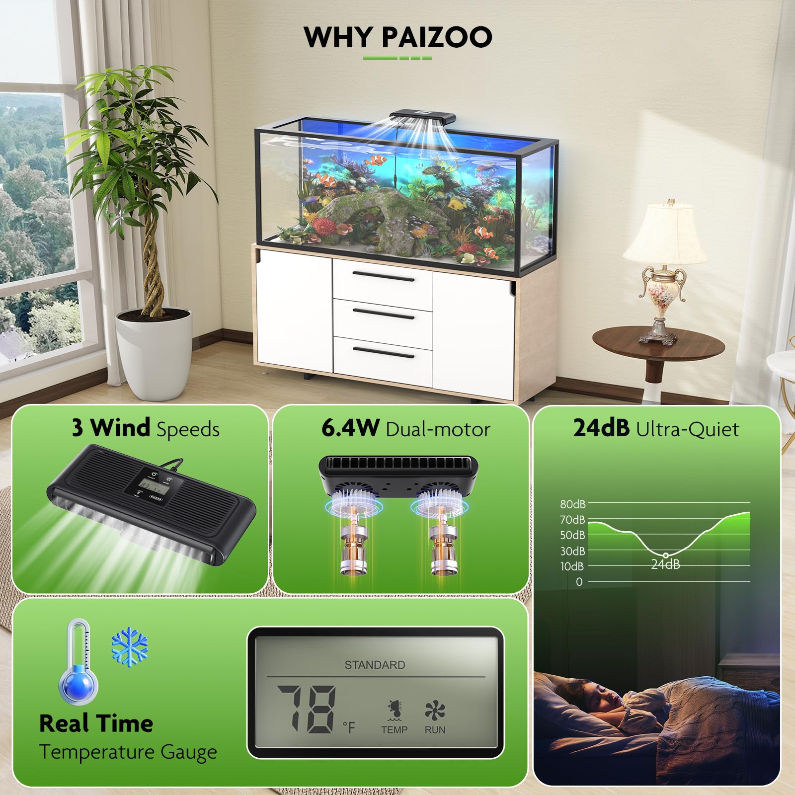 PAIZOO Aquarium Chiller Fan compact footprint fits tight setups with strong cooling