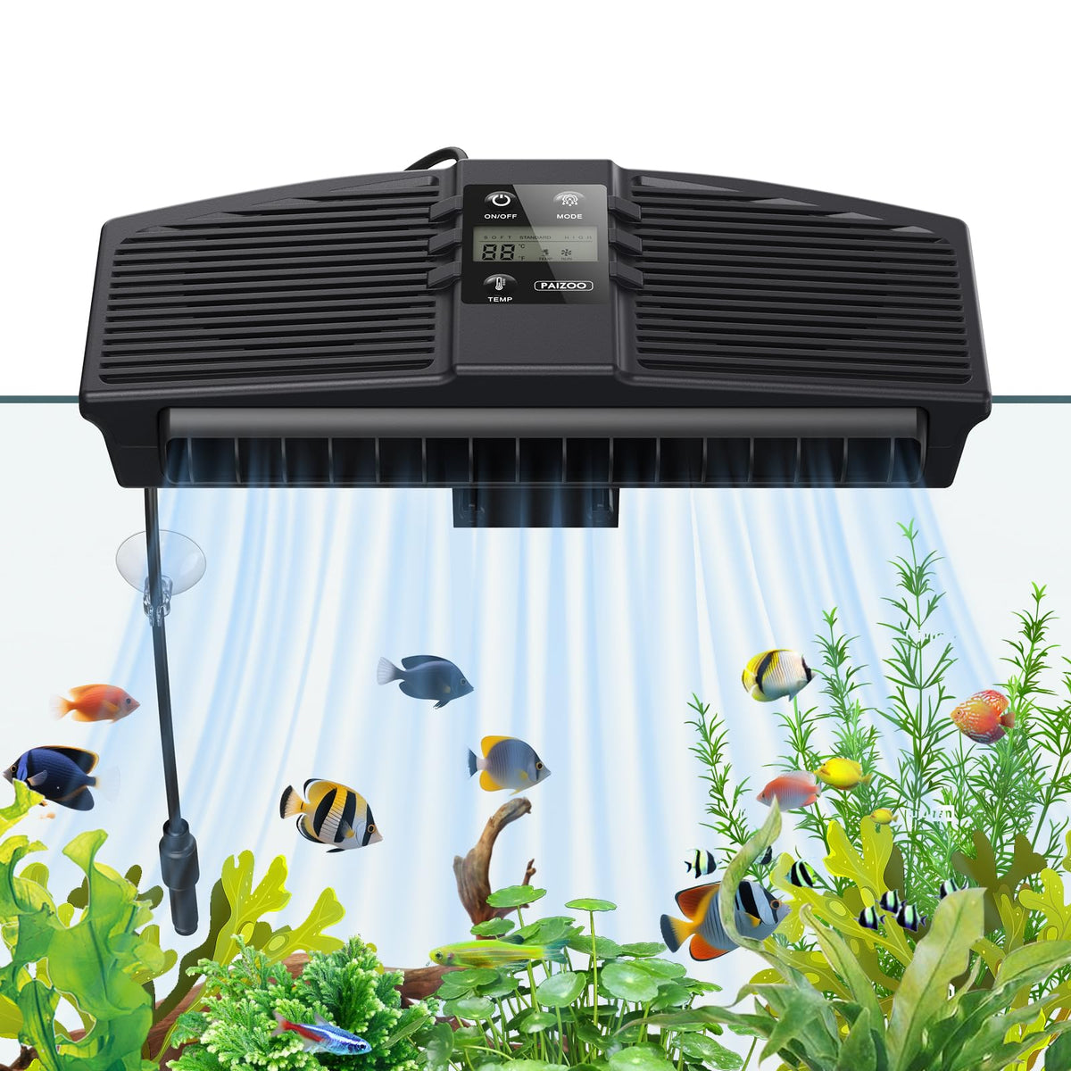 PAIZOO aquarium chiller fan front view showing compact design for steady tank cooling.