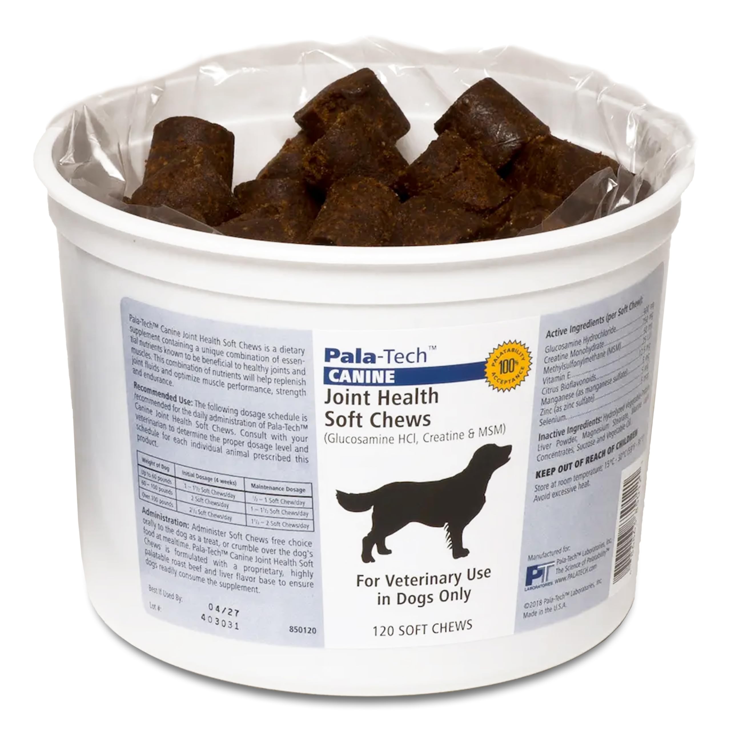 Pala Tech Canine Joint Soft Chews bottle 120ct aids daily joint support for active dogs