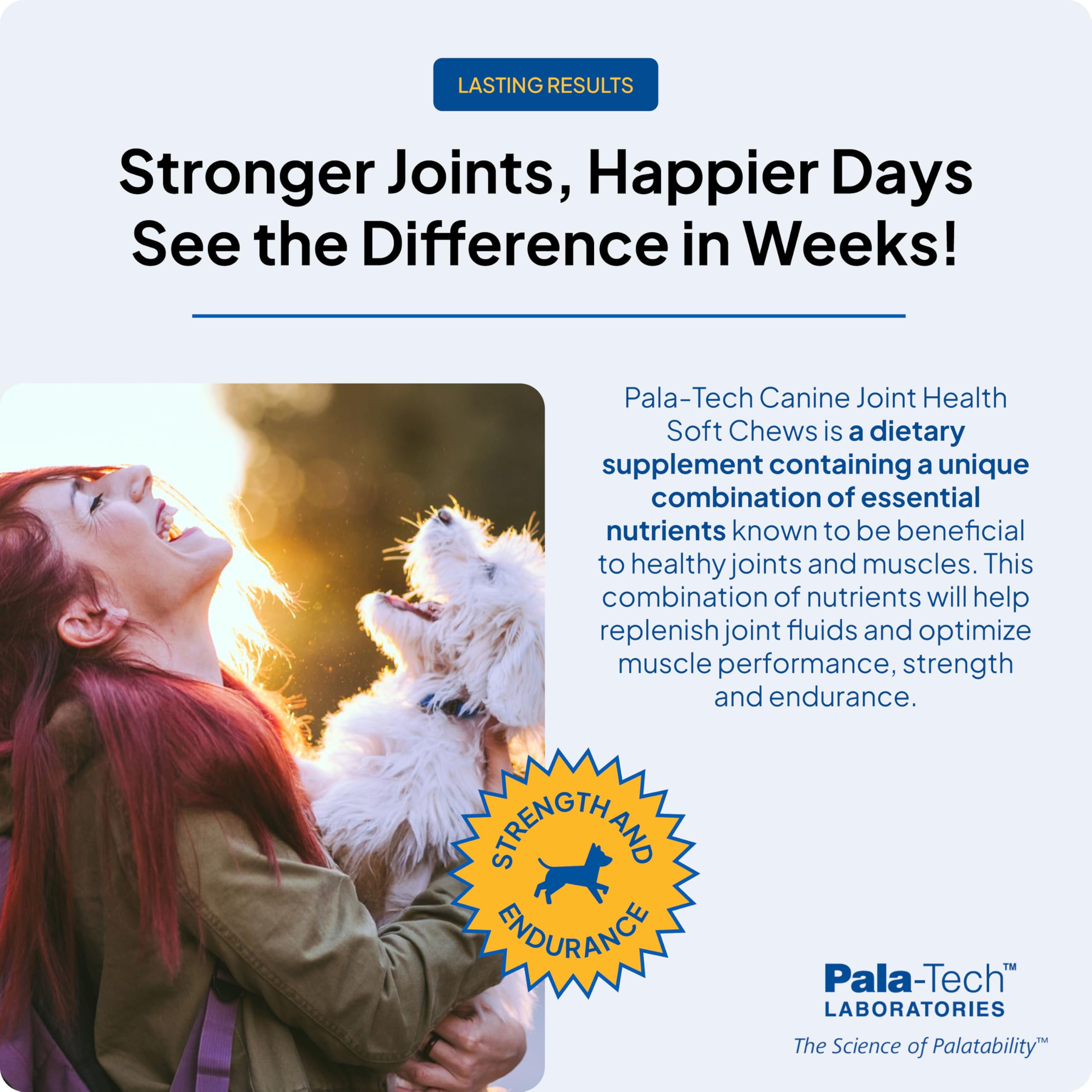Pala Tech Canine Joint Soft Chews dog eating a chewy treat with a smile