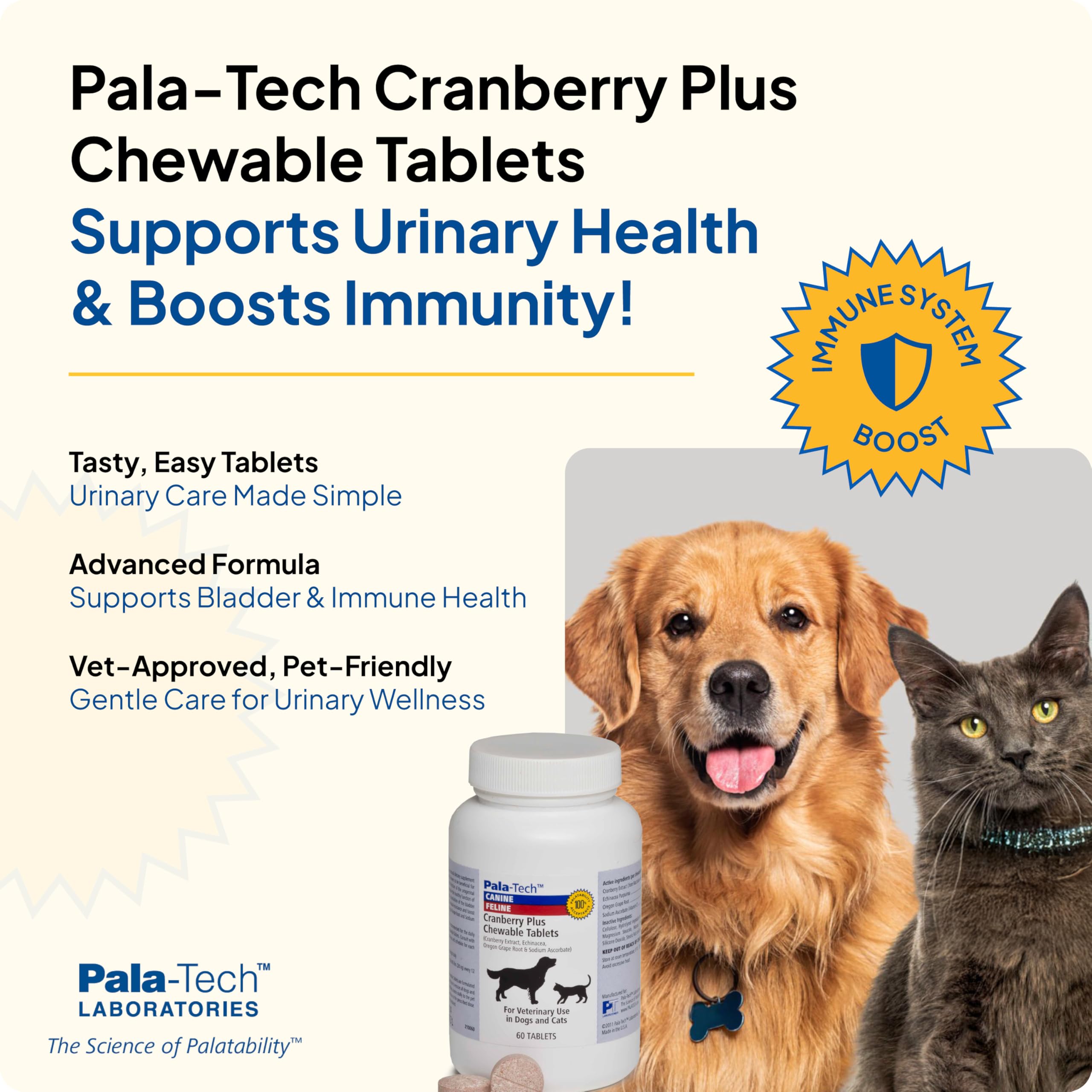 Pala-Tech cranberry supplement for dogs and cats emphasizes natural urinary wellness.