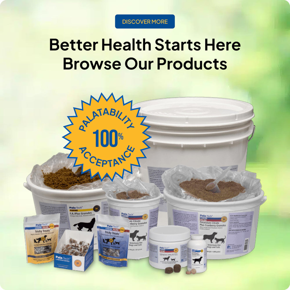Pala-Tech Made in USA badge signals trusted pet health manufacturing.