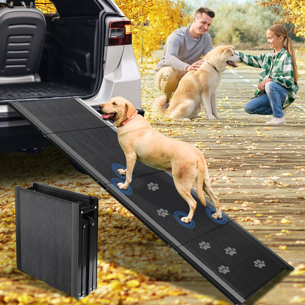 PALATALA dog ramp folded-compact demonstrates easy storage and portability.