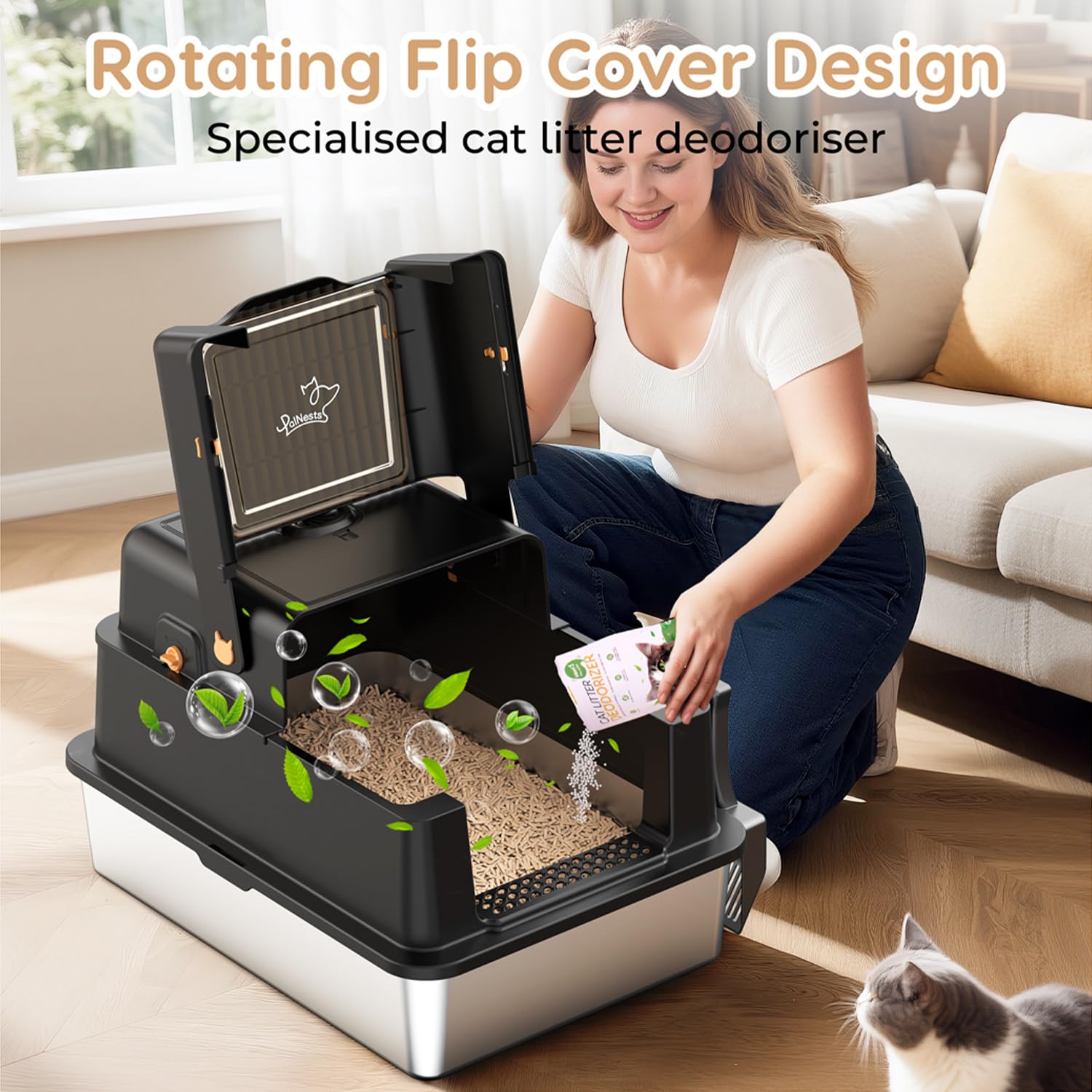 PalNests L8 Max-XXXL lid open with scoop demonstrates easy cleaning access