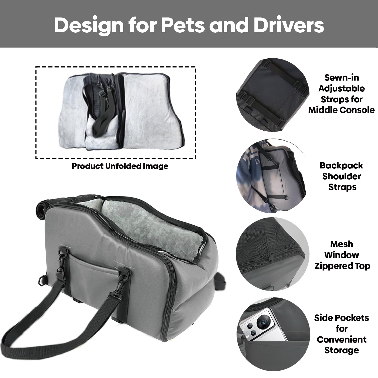 Palsway center console converts to a shoulder bag for convenient pet transfer.