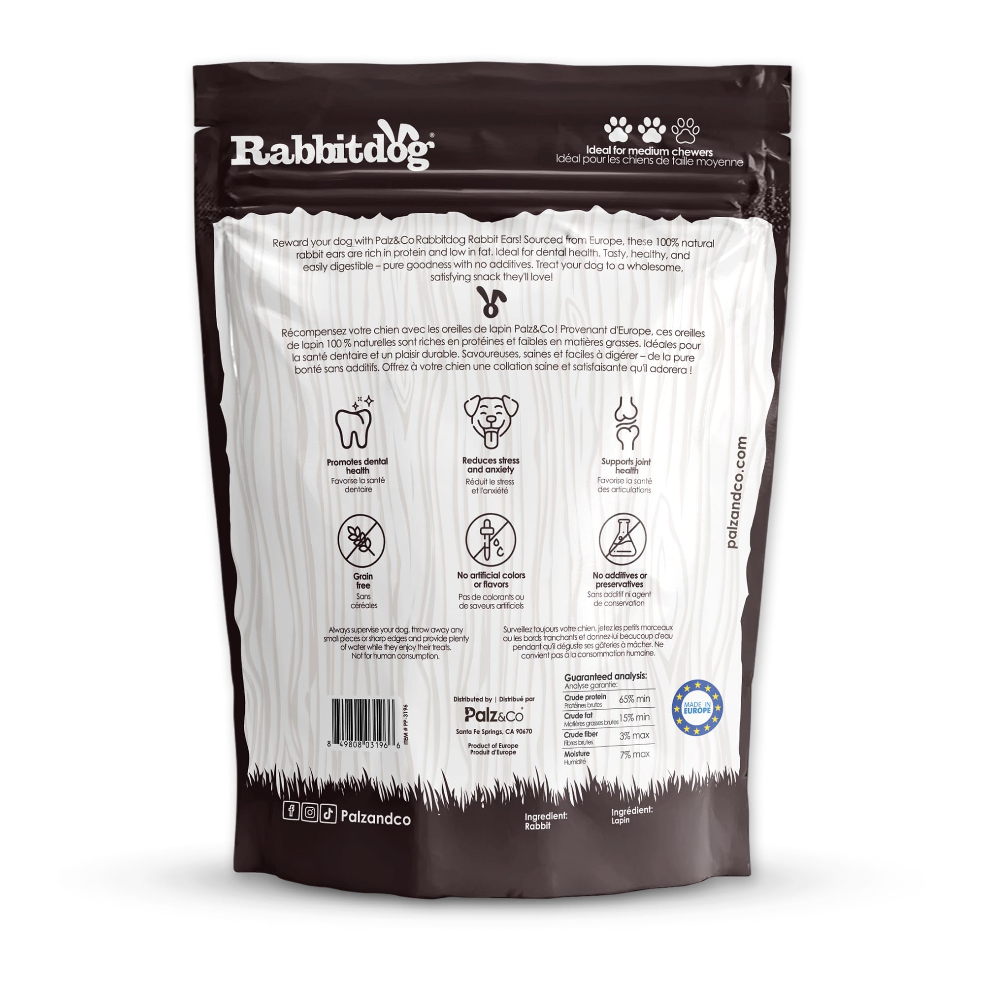 Palz&Co RabbitDog Rabbit Ears—fiber-rich chew to support digestion and gut health.