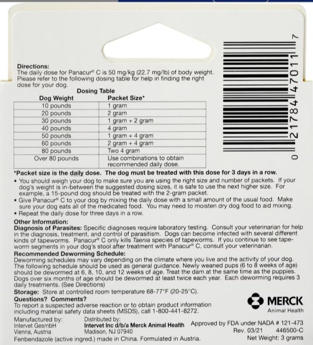 Panacur C label front shows dosage guidelines for safe, weight-based treatment.