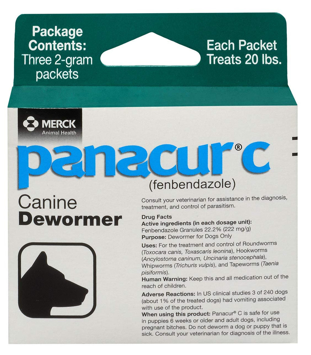Panacur C canine dewormer packaging with convenient dosing packets for home use.