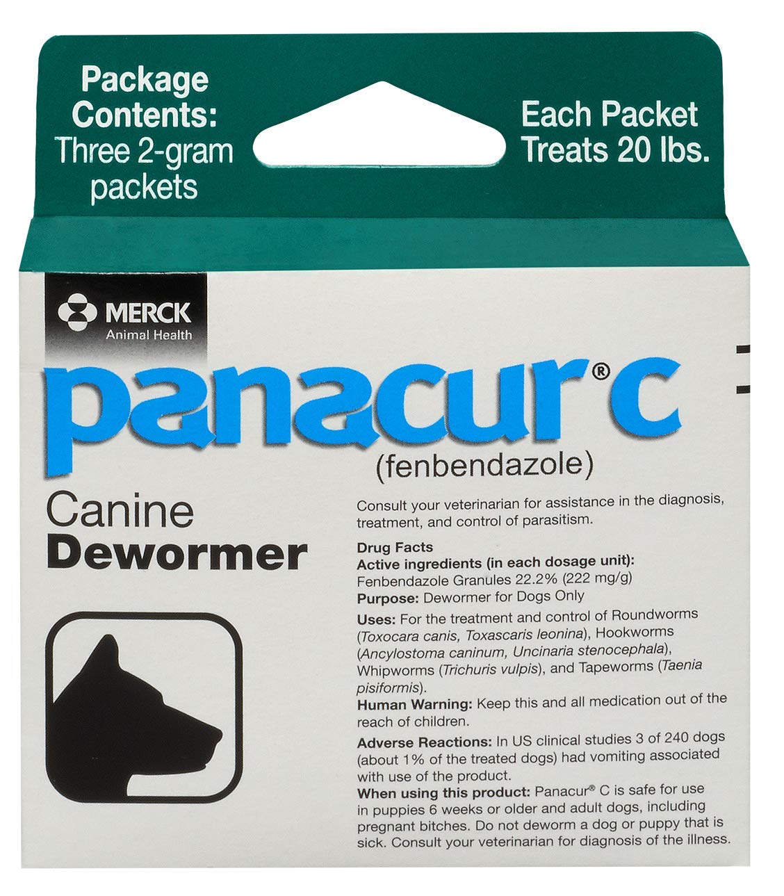 Panacur C canine dewormer packaging with convenient dosing packets for home use.