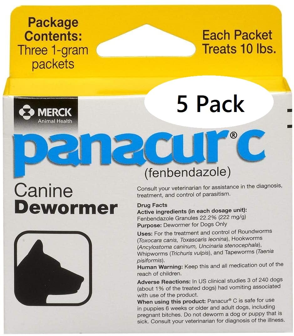 Panacur C packets ready for dosing, helping manage four major parasites in dogs.