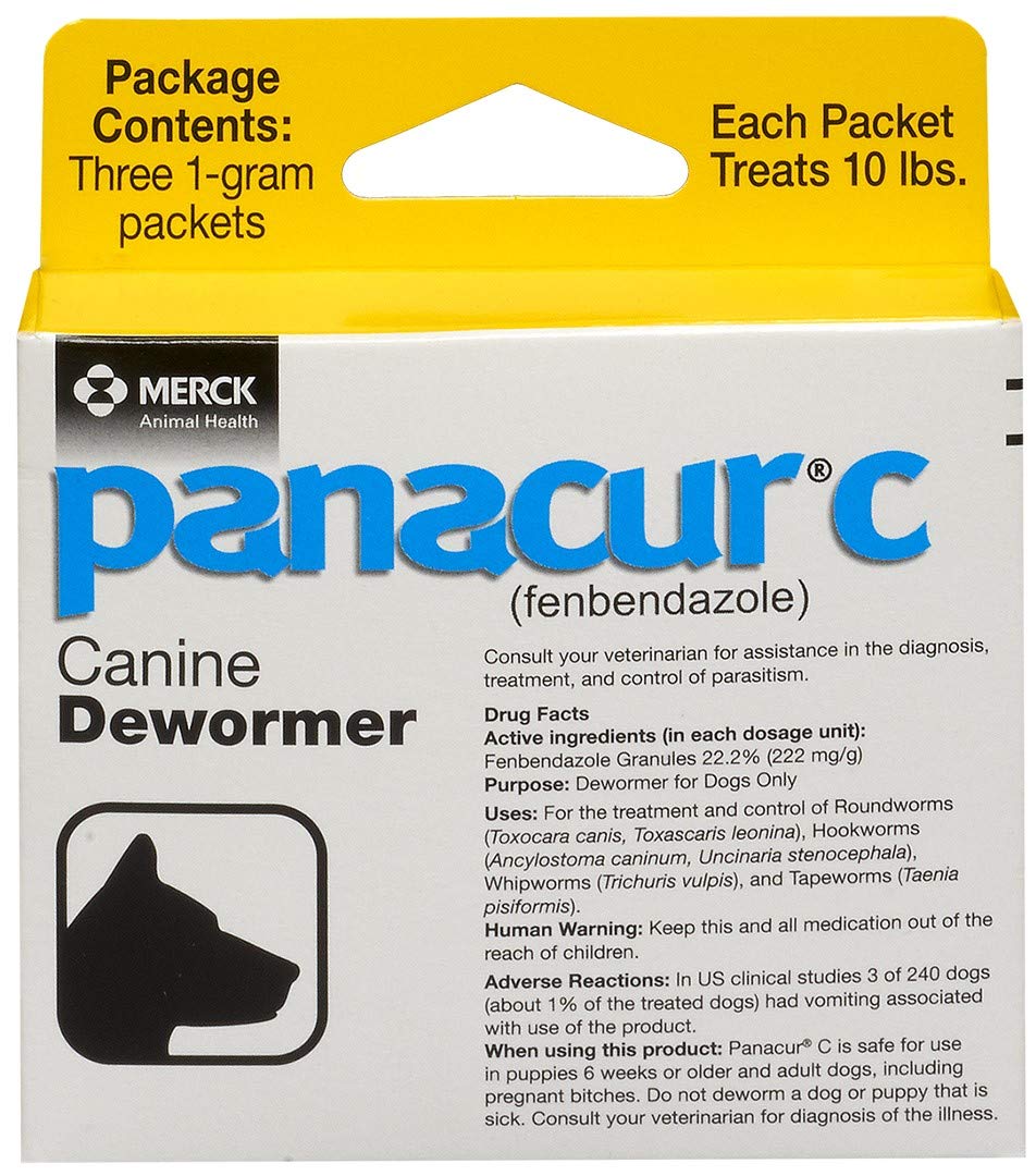 Panacur C packaging in yellow showing a 3-pack for at-home deworming.
