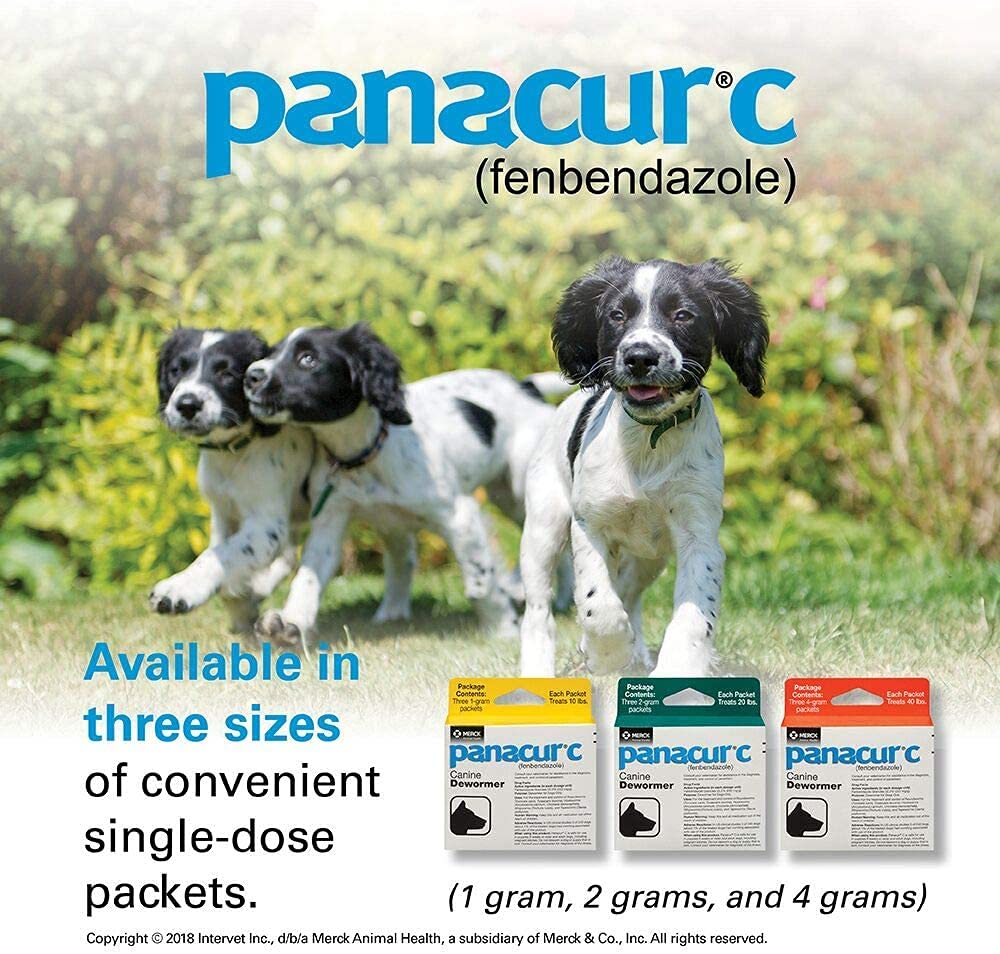 Panacur C packaging details showcasing portability and dish-ready packets.