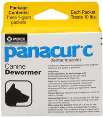 Panacur C three-gram packets packaging for convenient canine parasite care.