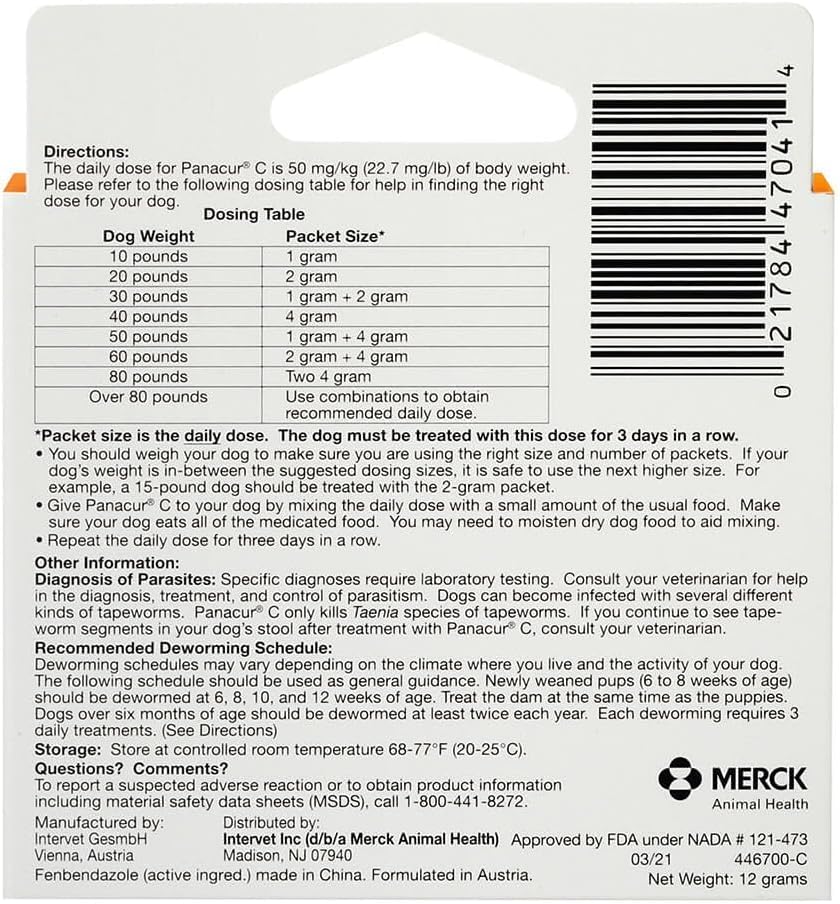 Panacur C canine dewormer daily dose packets ready-to-use for dosing.