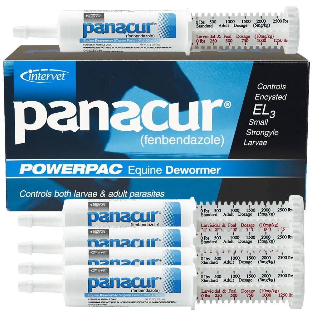 Panacur Powerpac 5pack syringes ready for a complete parasite control course for a 1250-lb horse.