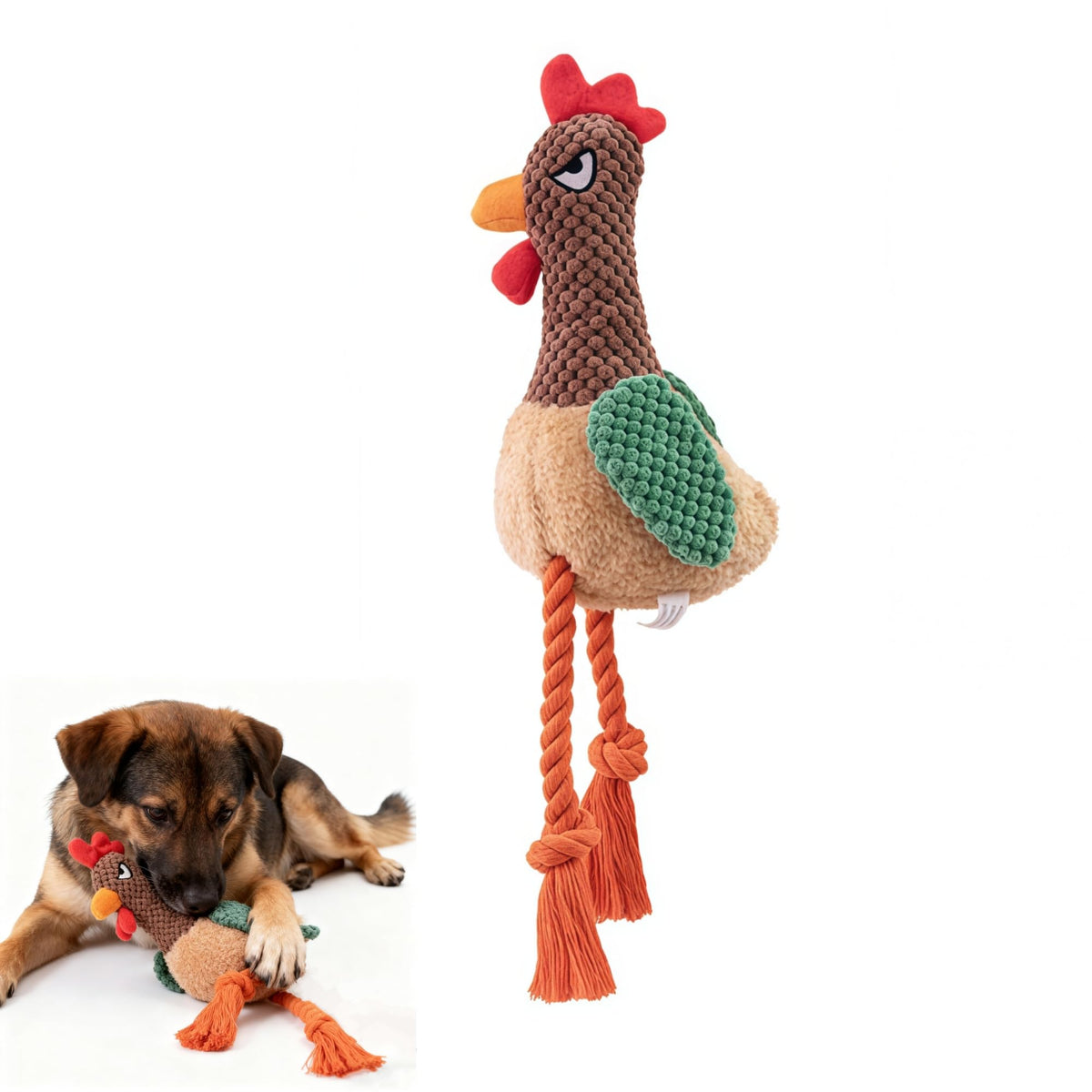 PandySarp plush chicken dog toy full view highlights durable color for fetch and tug