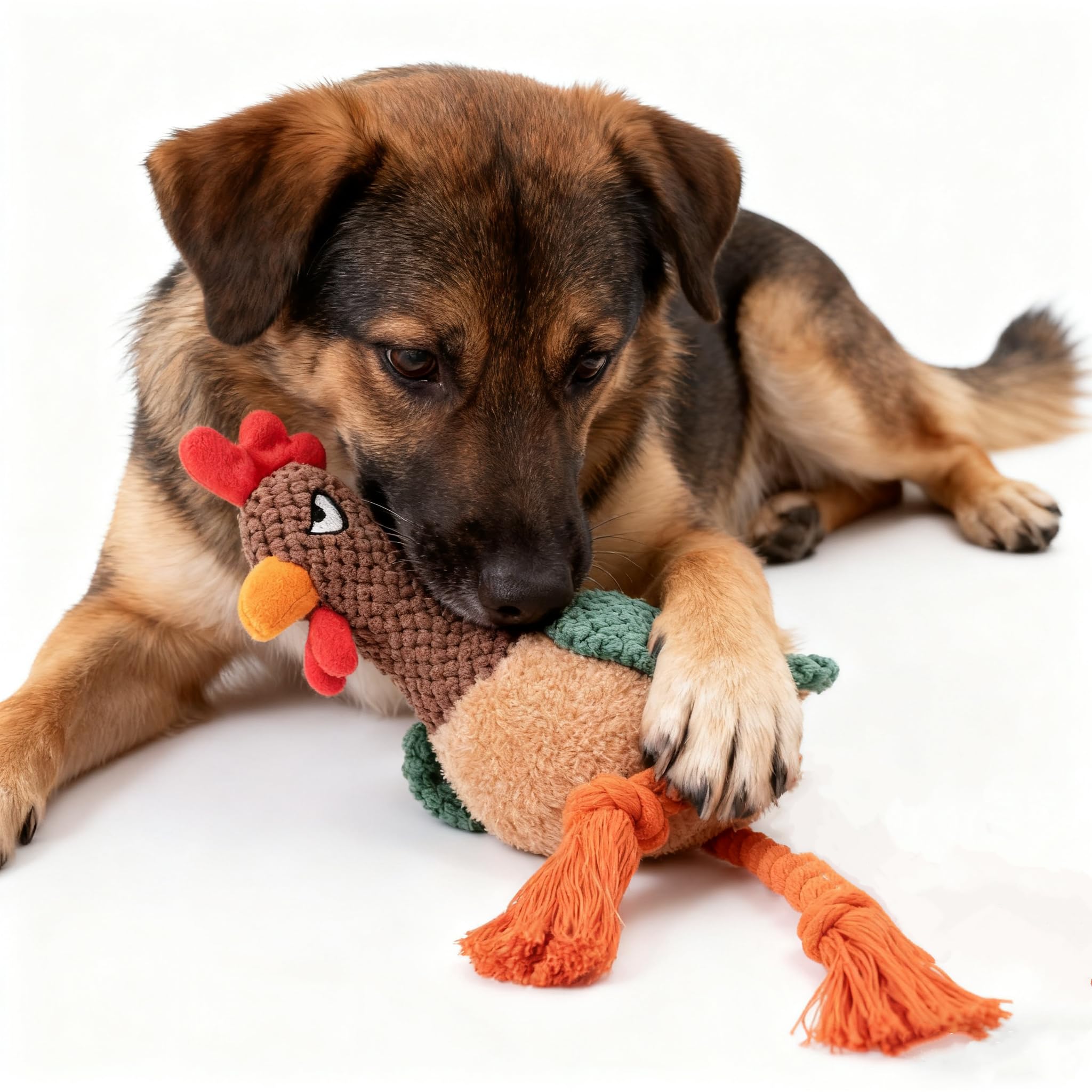 PandySarp plush chicken dog toy rope-legs demonstrates sturdy tug relevance for interactive games