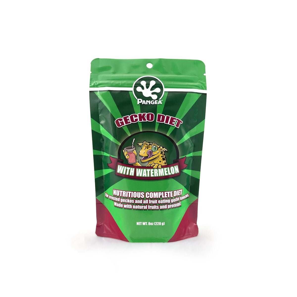 Pangea Fruit Mix Watermelon Diet bottle shows complete nutrition for fruit-eating geckos.