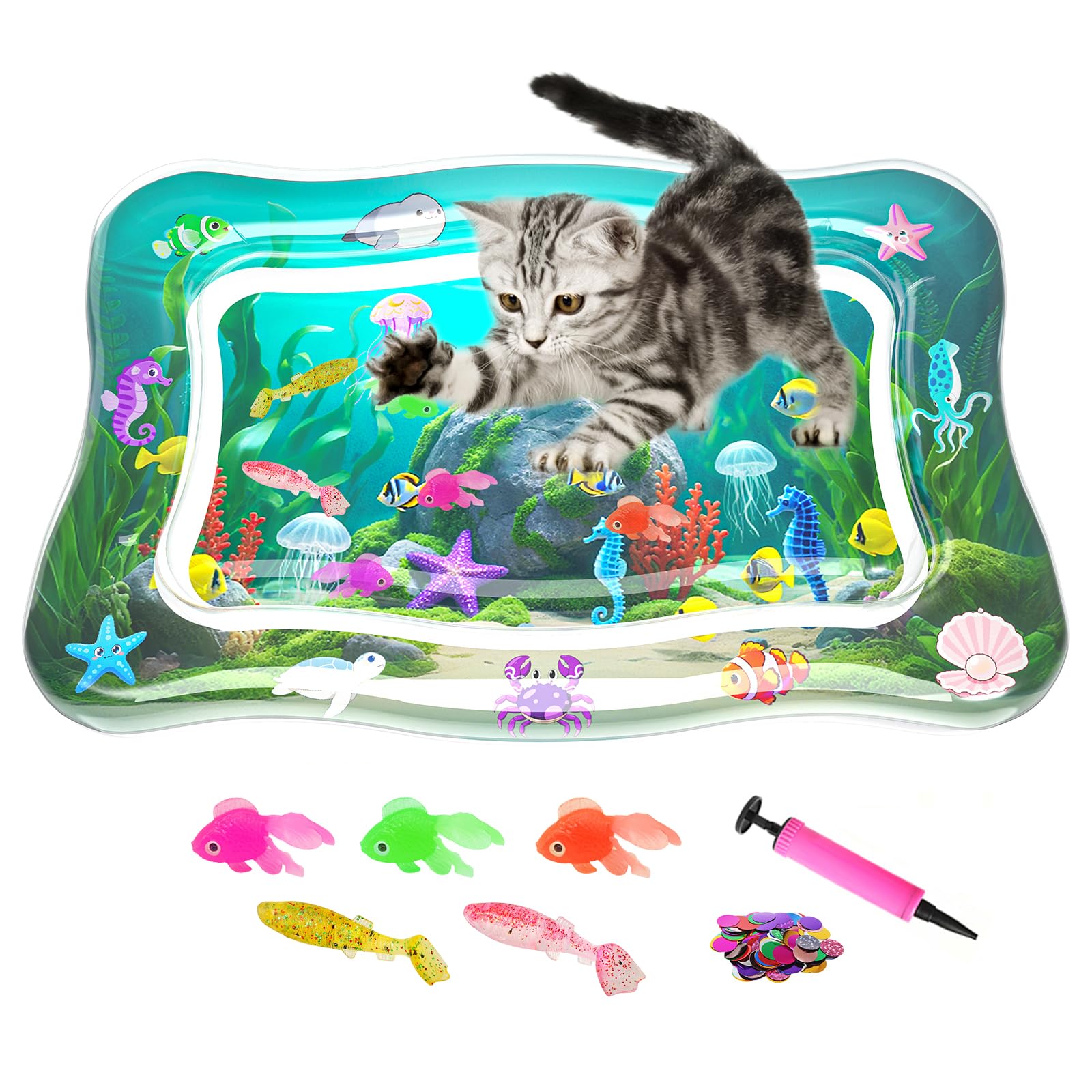 PANRIO interactive cat water mat with 3D fish for engaging play and hunting simulation.