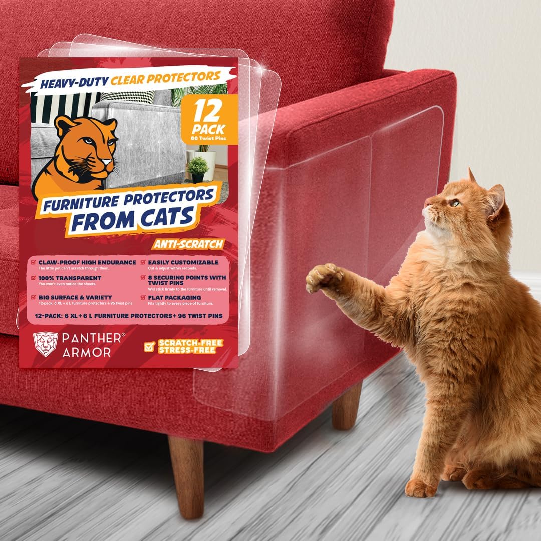Panther Armor clear sheets on sofa provide invisible protection against cat scratches.