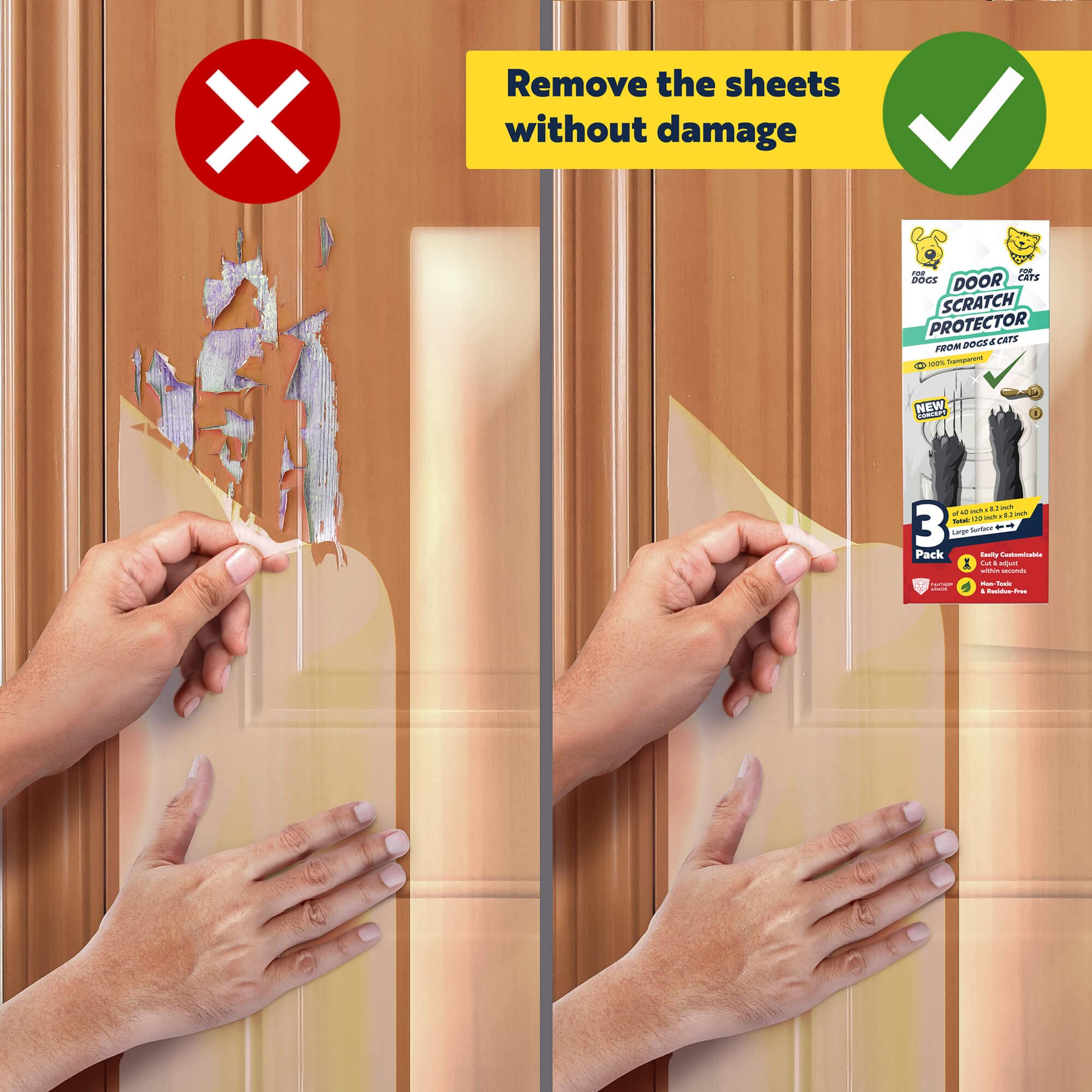 Panther Armor transparent sheets removing residue-free from a door