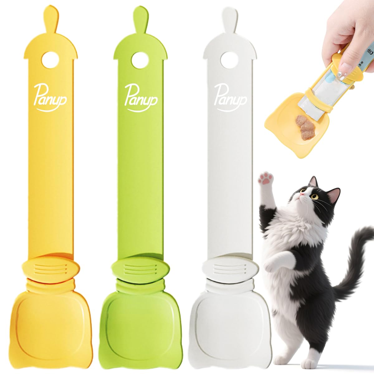 Panup Cat Strip Feeder in white, front view, designed for mess-free wet treats.