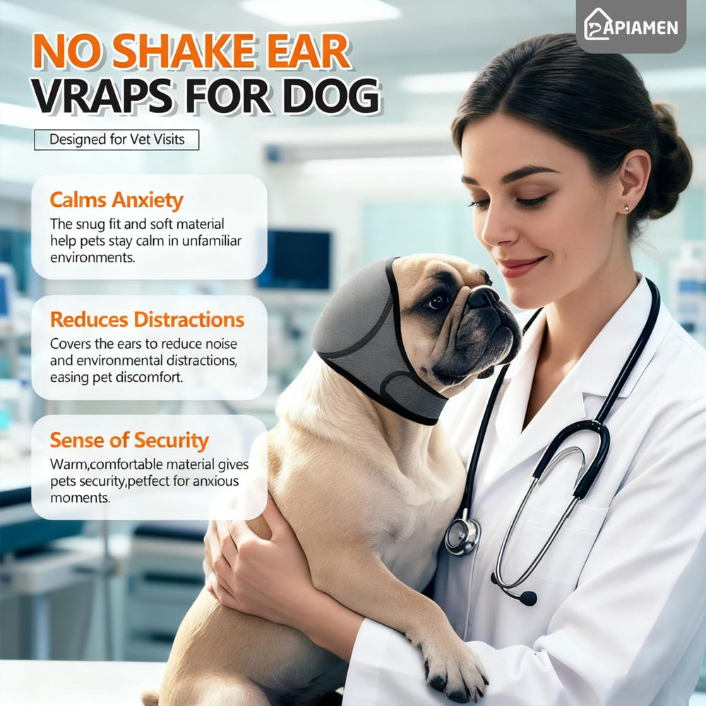 PAPIAMEN ear wrap during grooming; helps reduce struggle and stress.