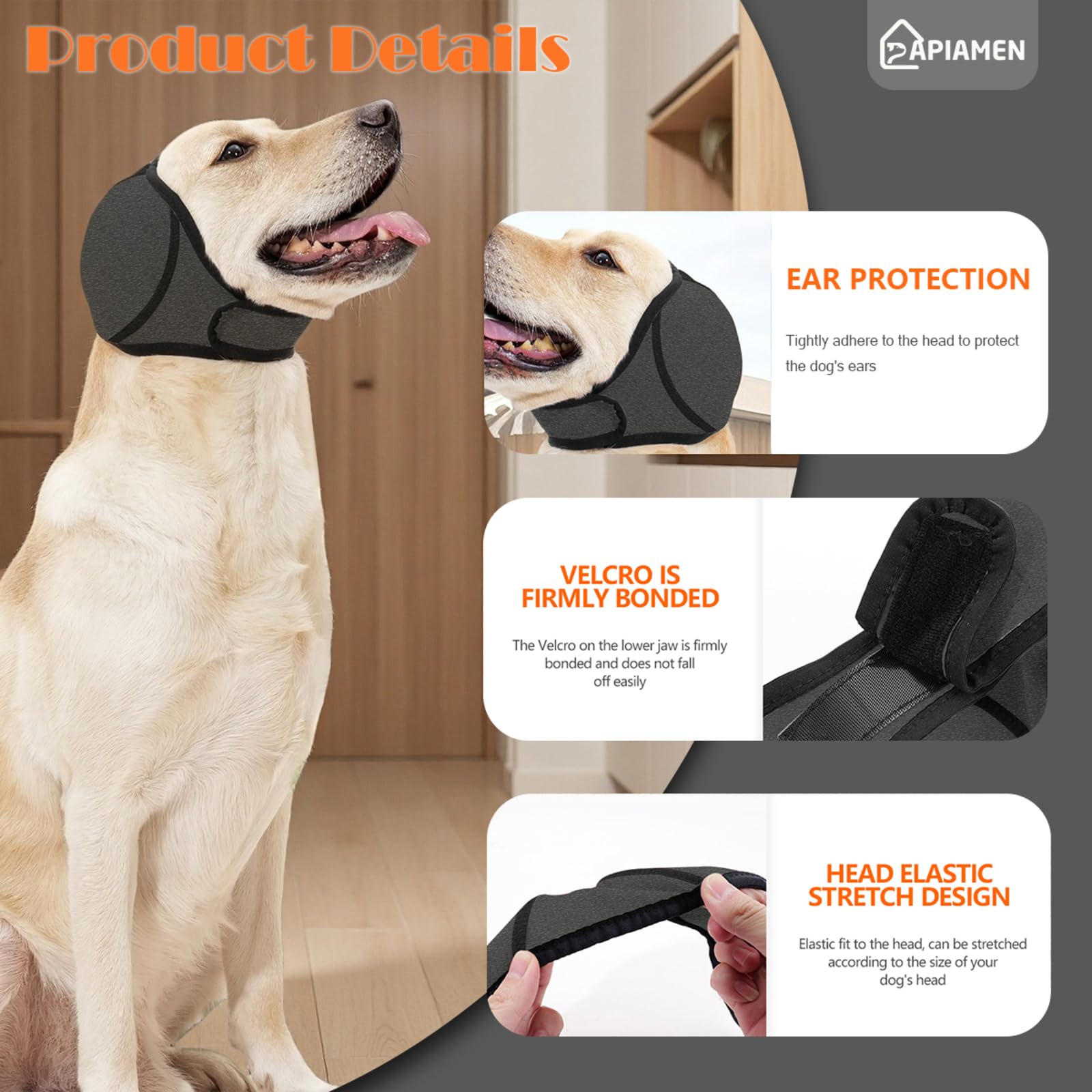 PAPIAMEN size chart image; three sizes fit most breeds for secure wear.