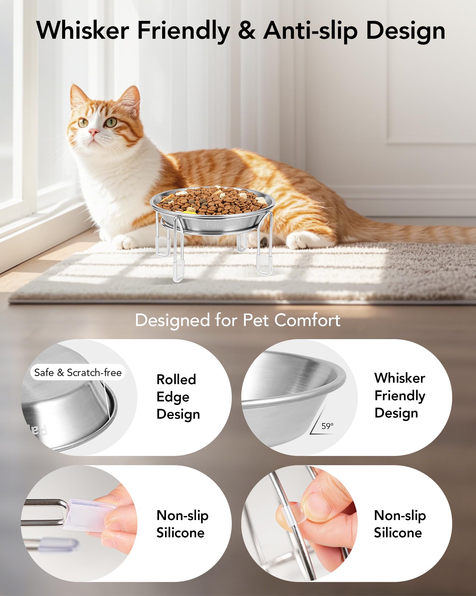 PapiCola Whisker-Friendly Cat Dish reduces whisker fatigue during meals.