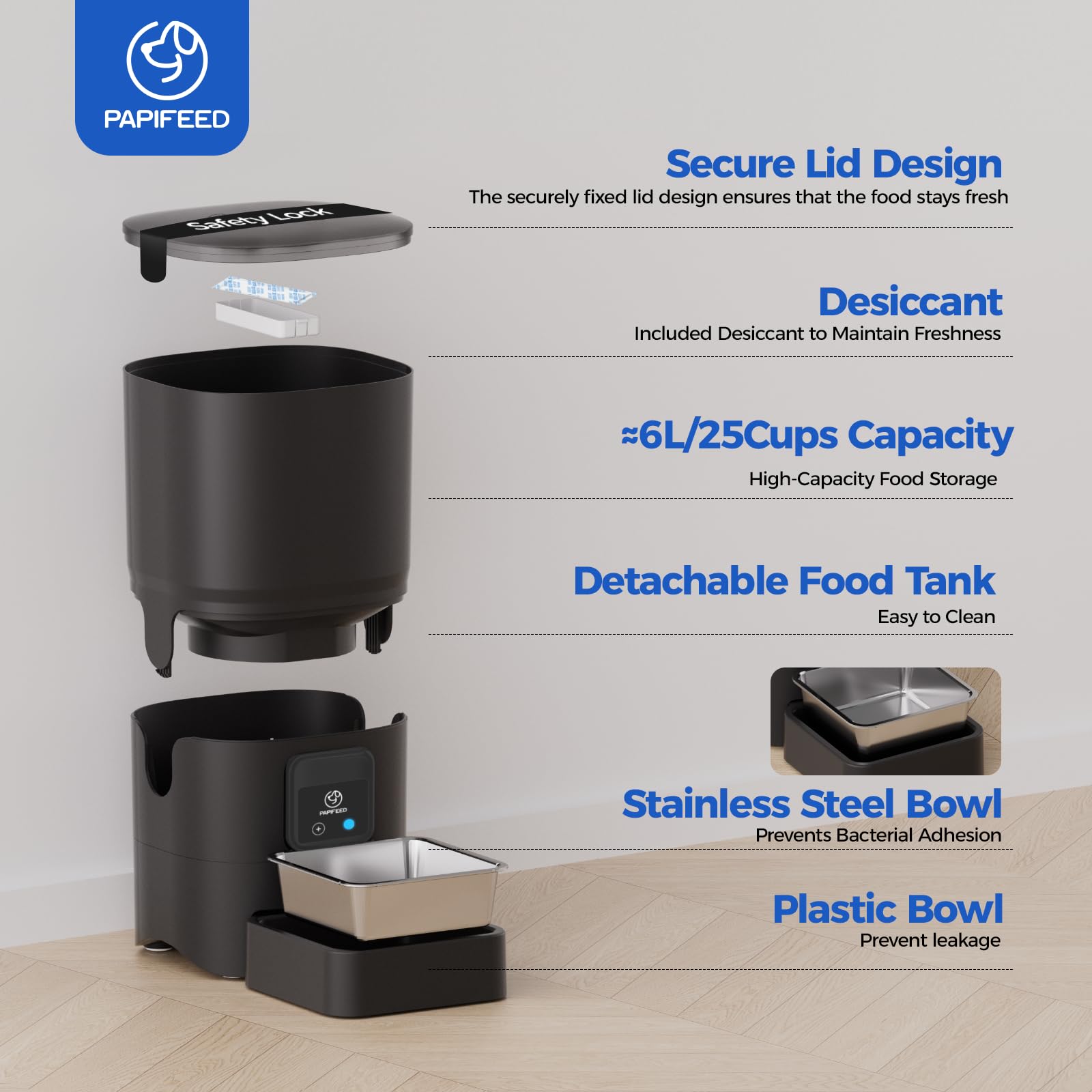 PAPIFEED 360-degree transparent food bin enables real-time food visibility.