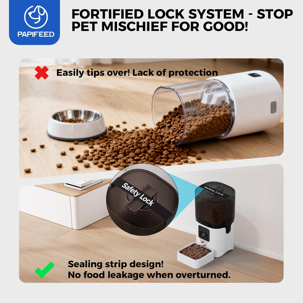 PAPIFEED 360° transparent bin showing food level at a glance for better meal planning.