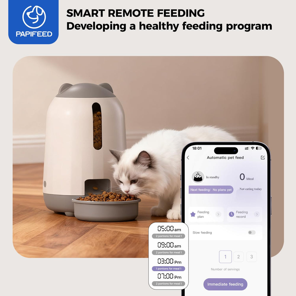 PAPIFEED app control screen demonstrates remote scheduling and portions