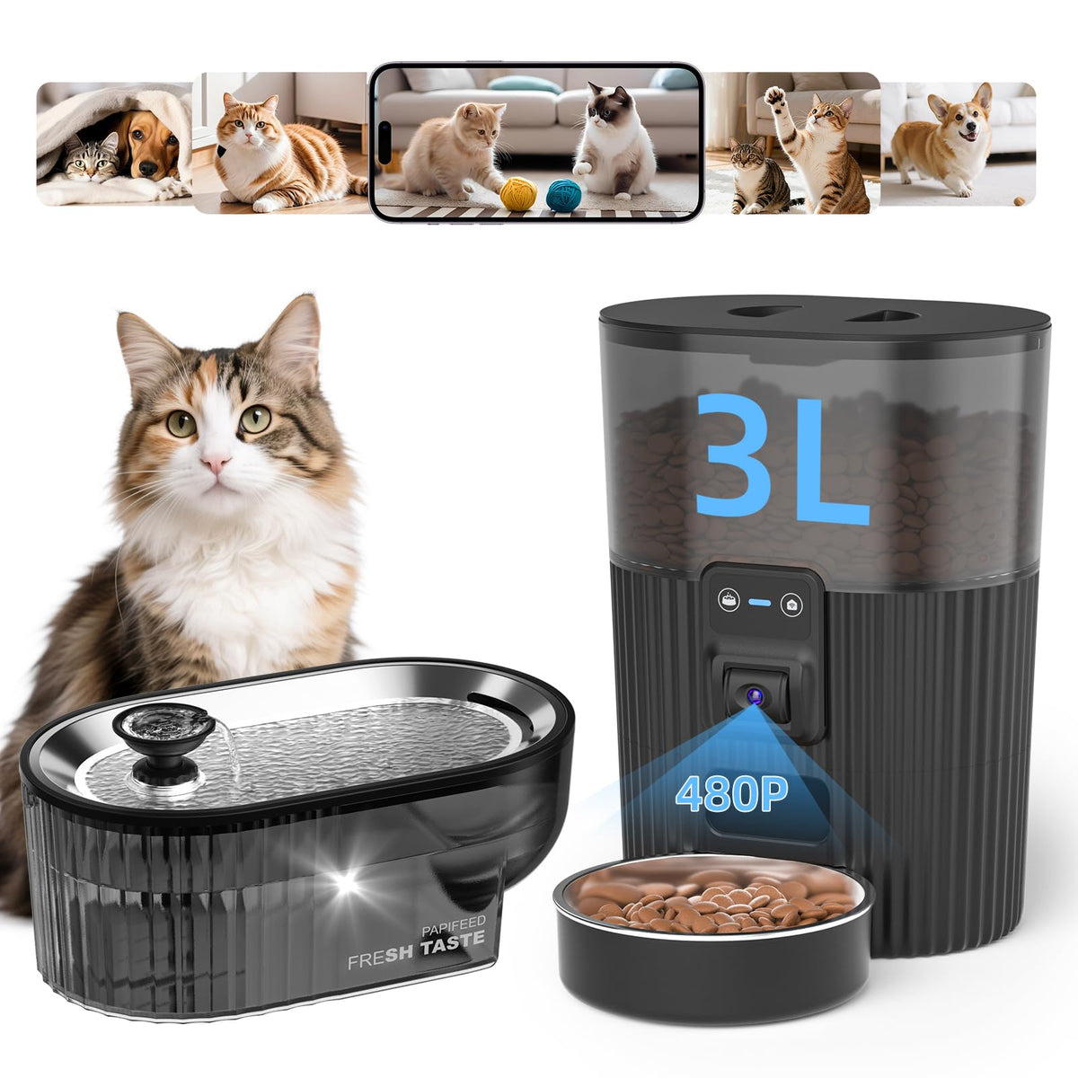 PAPIFEED automatic cat feeder camera front view enables remote monitoring of meals.
