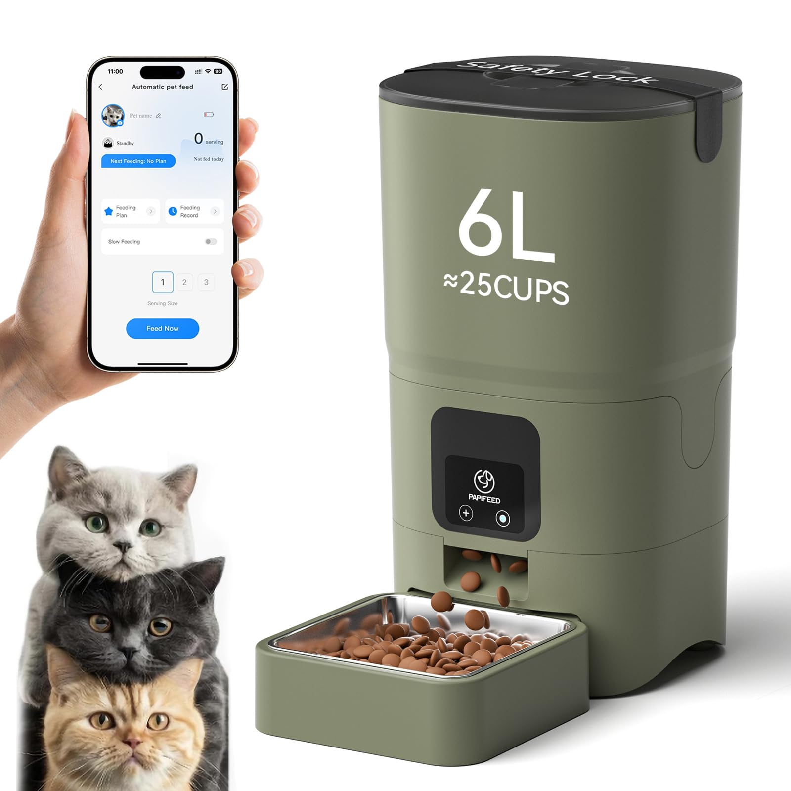 PAPIFEED automatic cat feeder front view demonstrates reliable scheduling for busy homes.