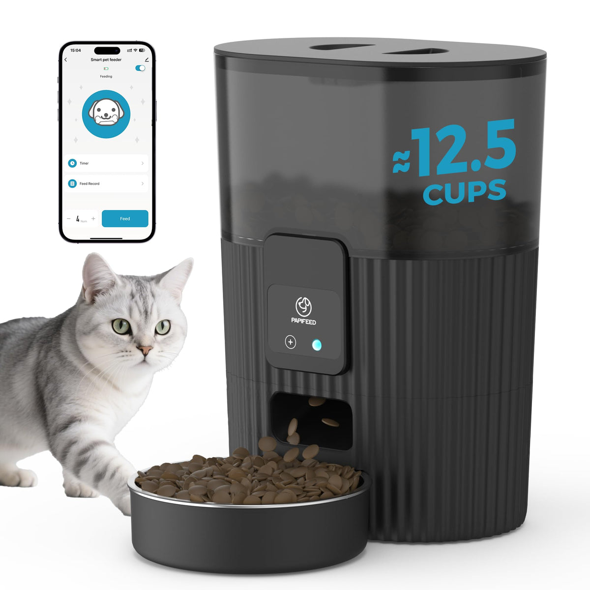 PAPIFEED automatic feeder front view with 3.5L capacity for scheduled meals