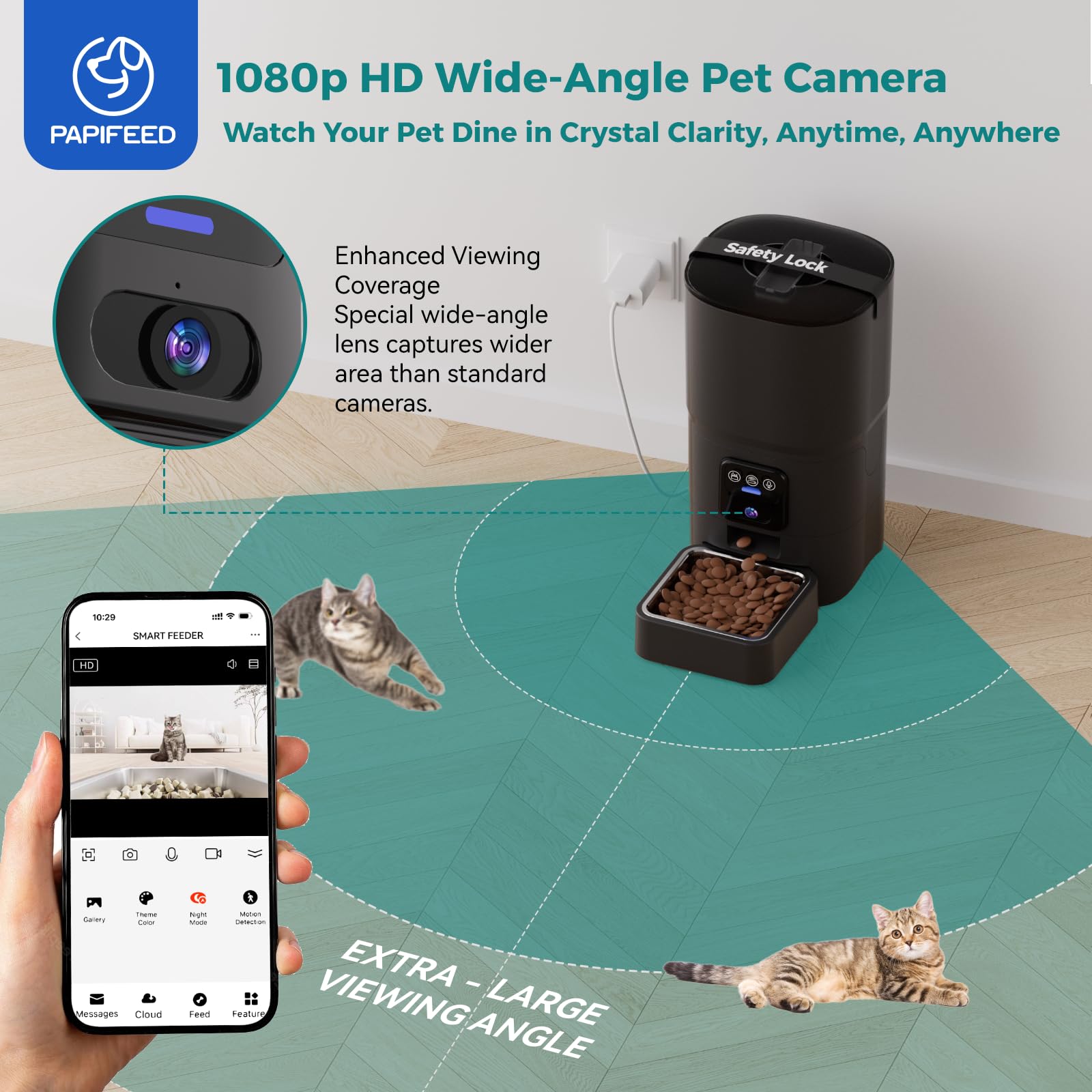 PAPIFEED 1080p camera front view capturing real time mealtime at the bowl