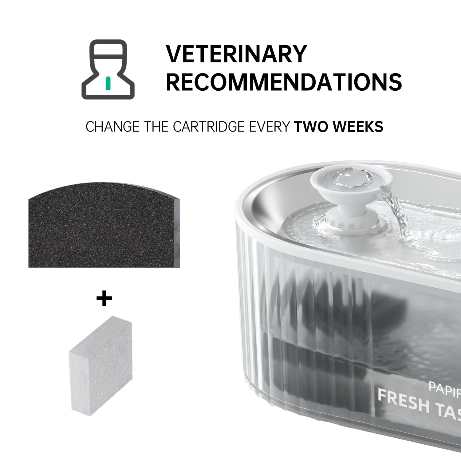 PAPIFEED circulation filtration emphasizes clean, fresh-tasting water for cats.