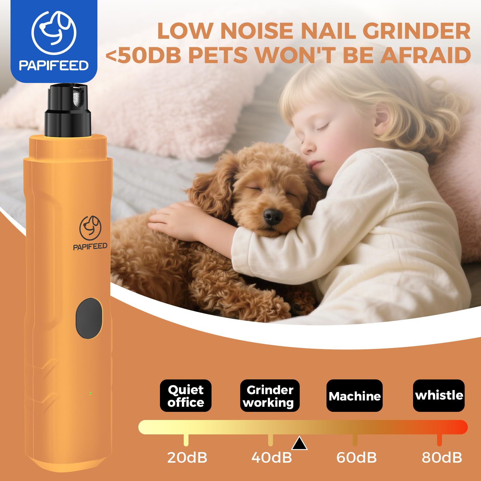 PAPIFEED dog nail grinder dual LED lights illuminate the trimming area.