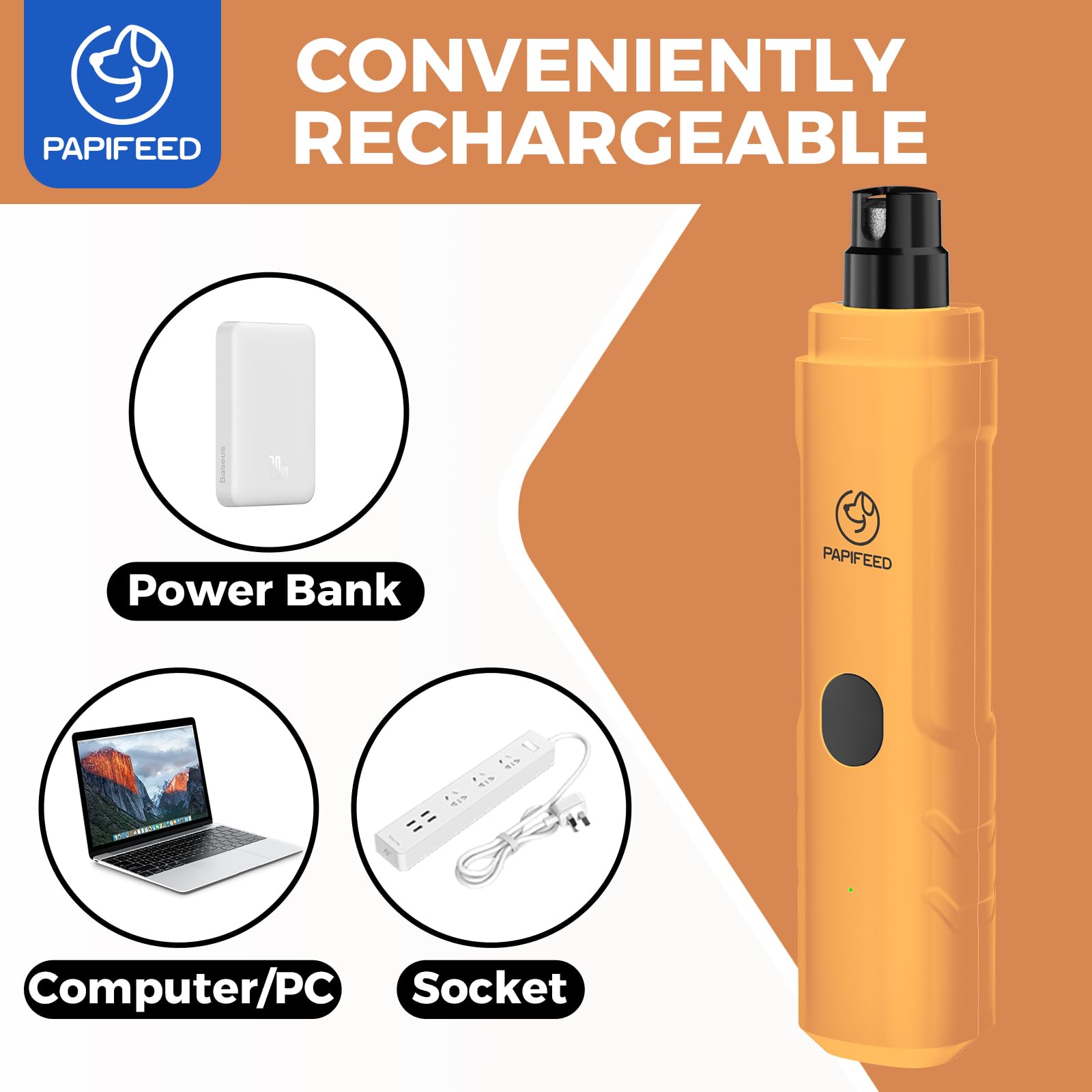 PAPIFEED dog nail grinder Type-C rechargeable battery for easy charging.