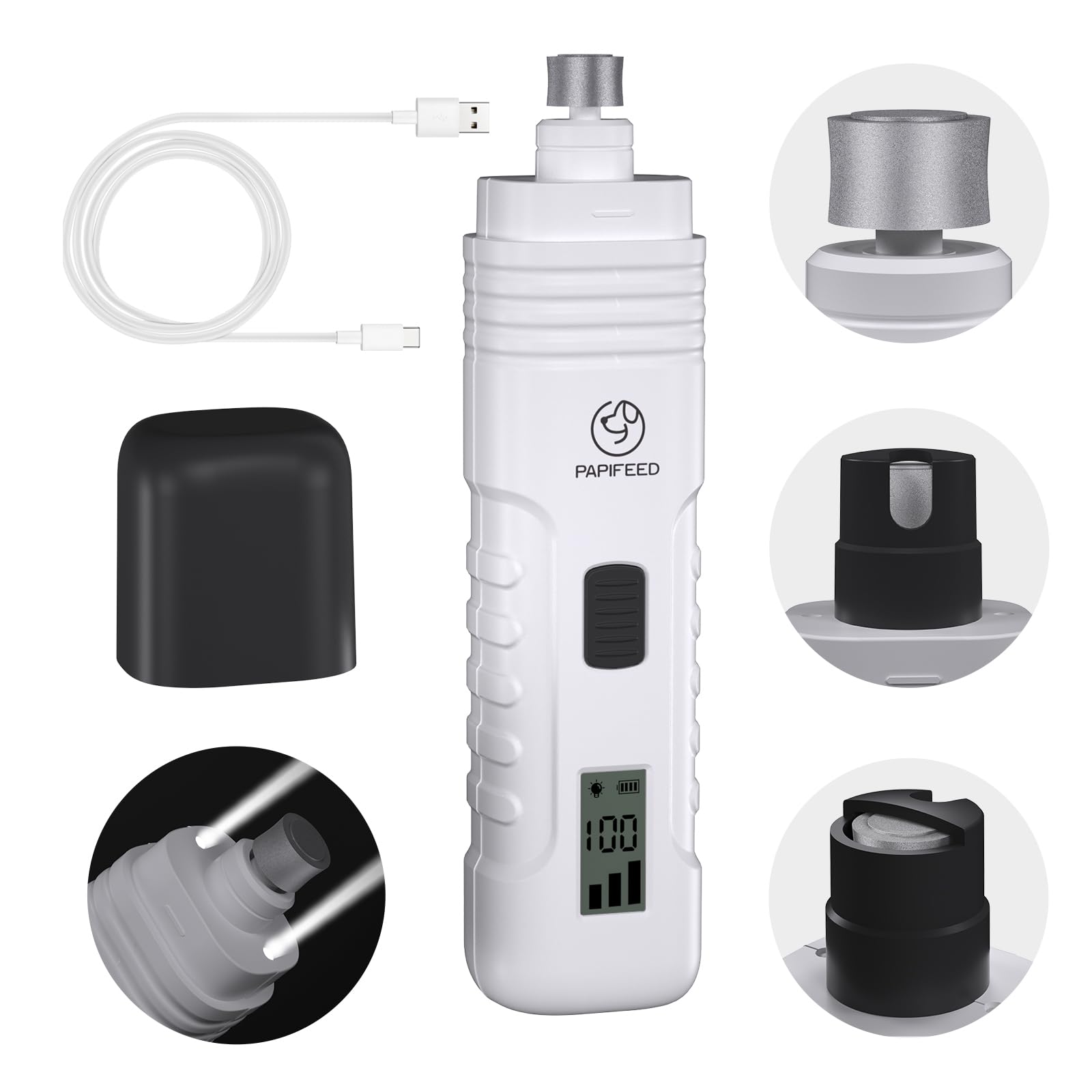 PAPIFEED dog nail grinder in white front view for calm trims