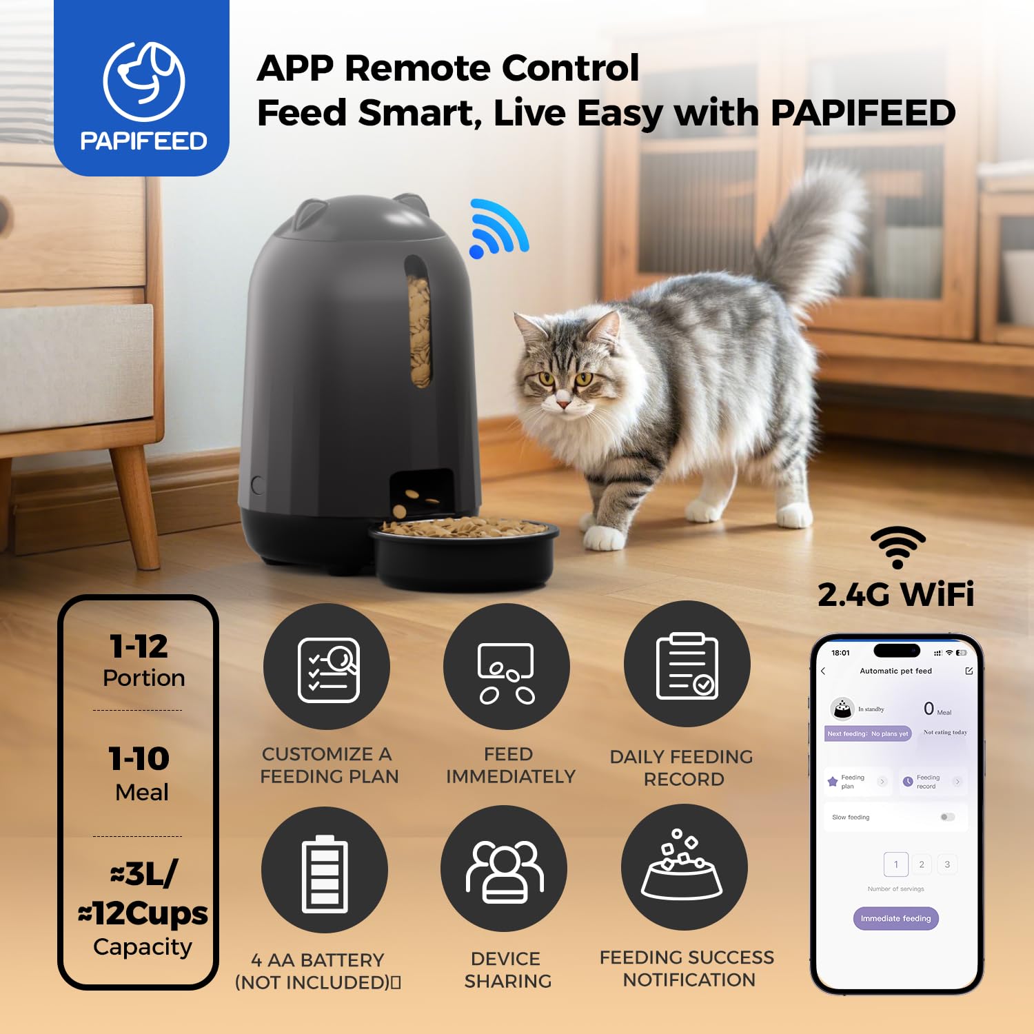 PAPIFEED dual power supply with backup battery keeps meals on track.
