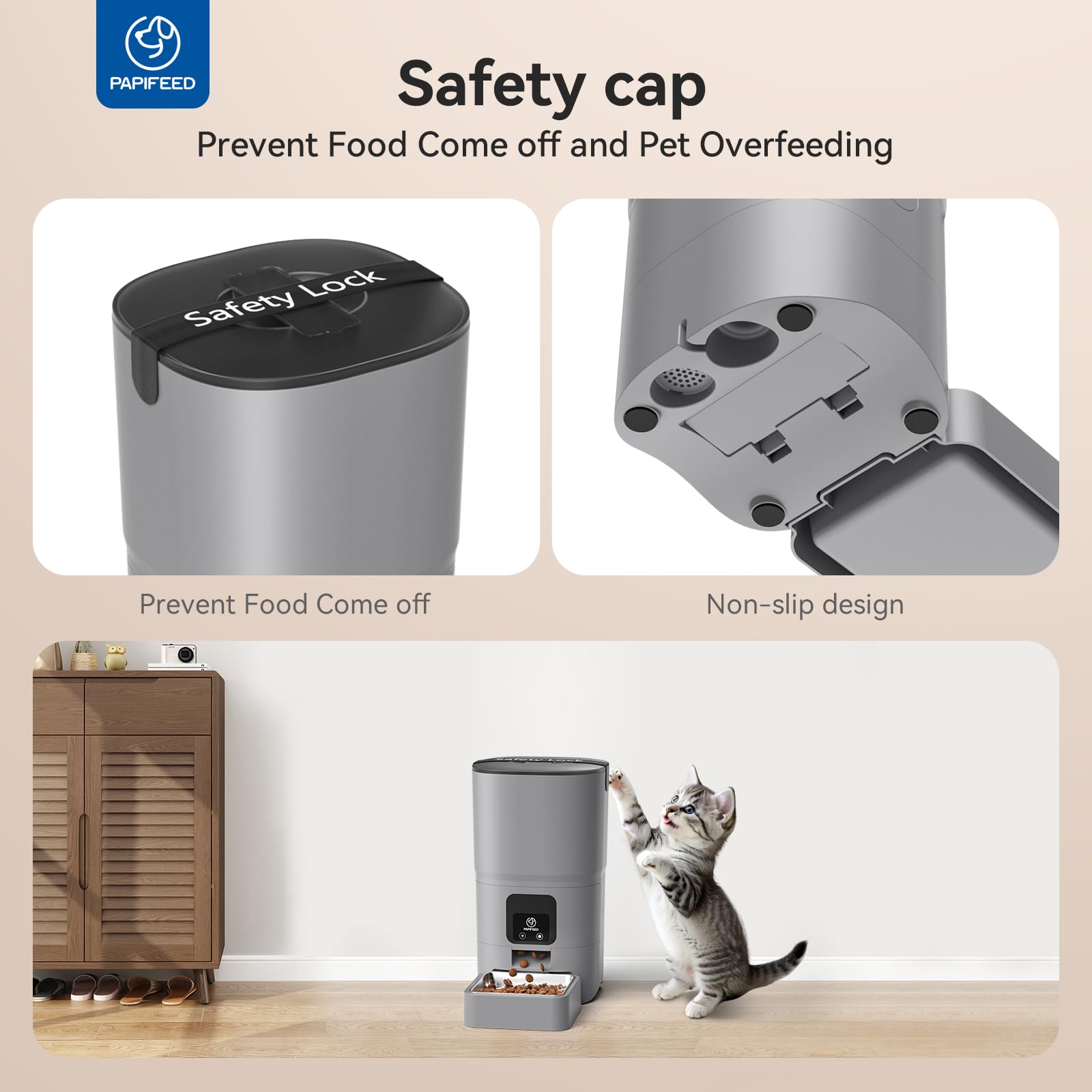 PAPIFEED mechanical lock demonstrates secure lid to deter overeating attempts.