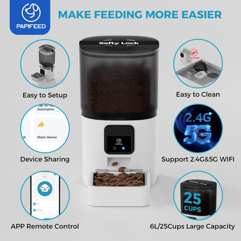 PAPIFEED remote app control close-up shows scheduling and remote feeding from anywhere.