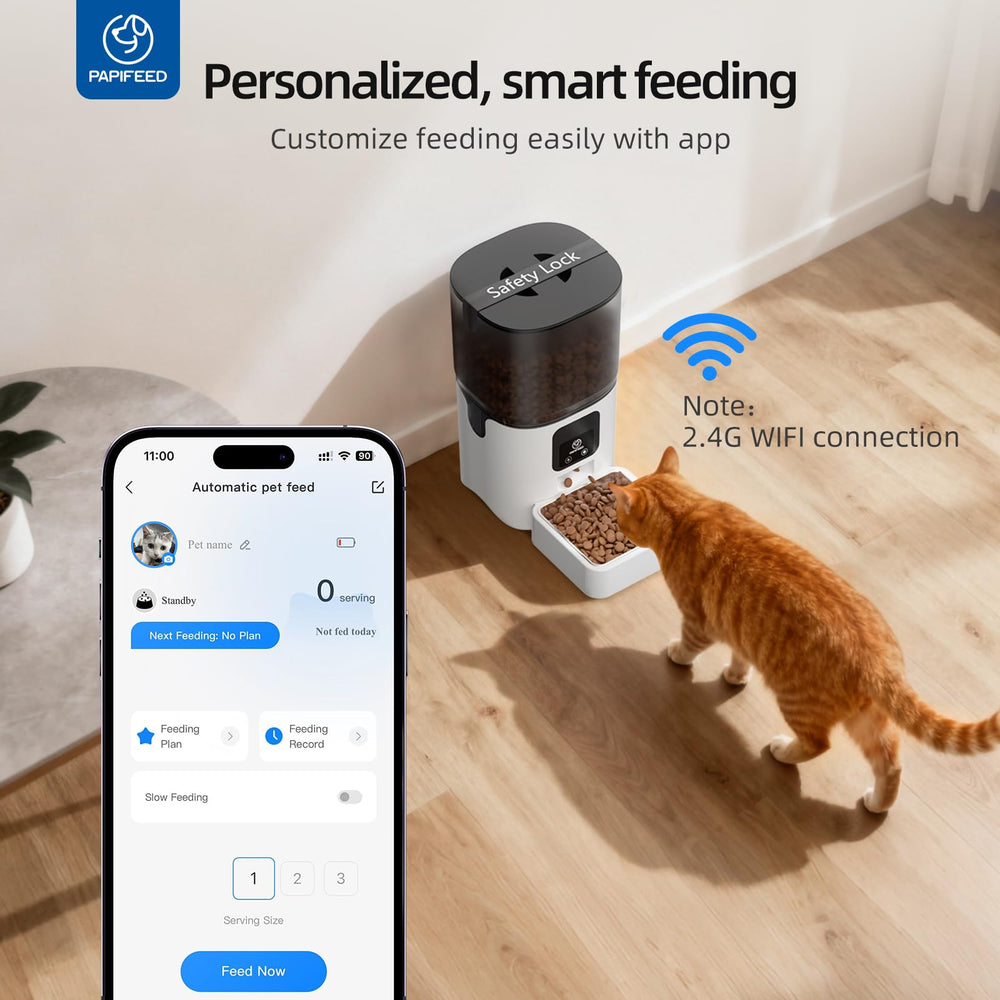 PAPIFEED app control demonstrates remote feeding from a phone.