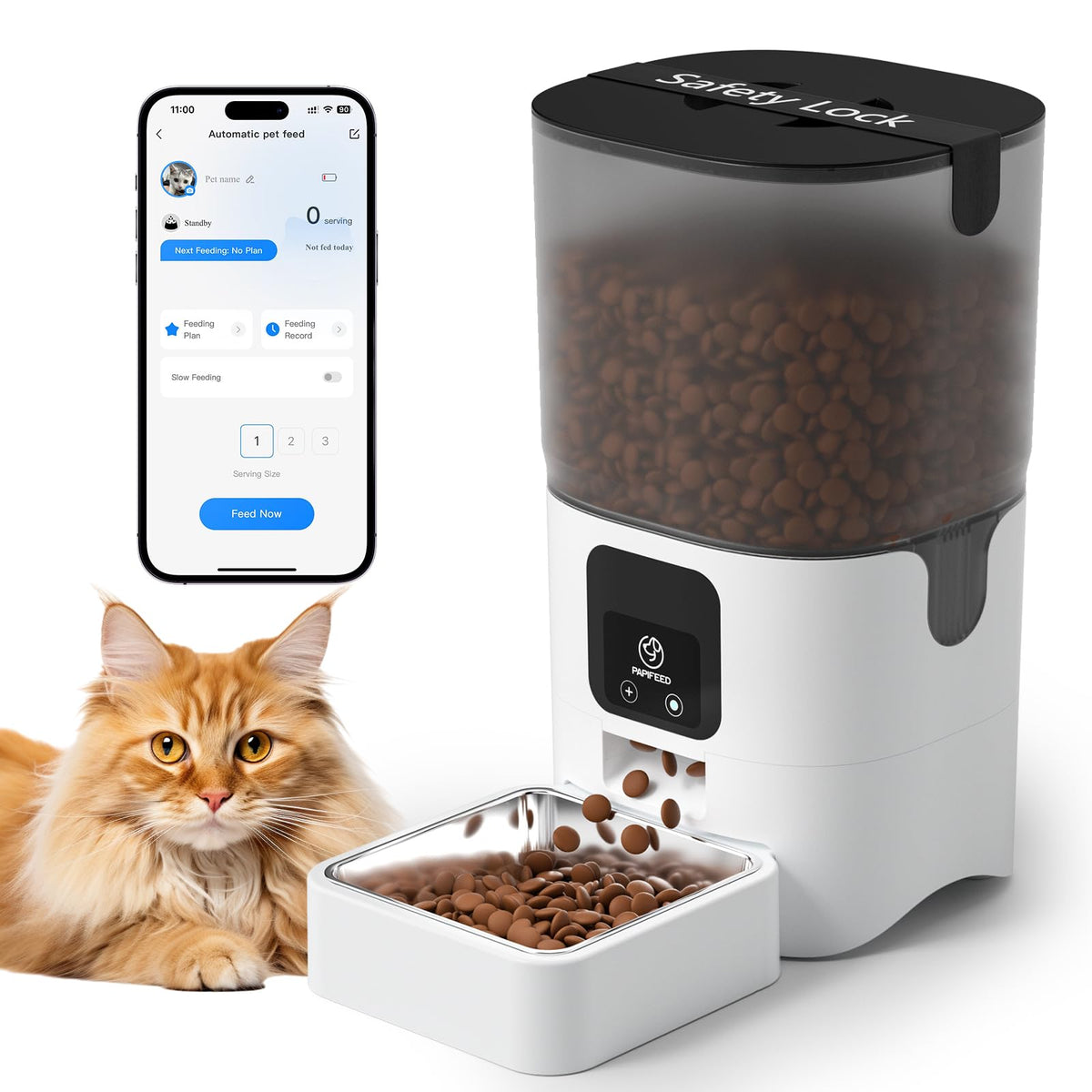 PAPIFEED smart feeder front view shows a sleek, home-friendly design.